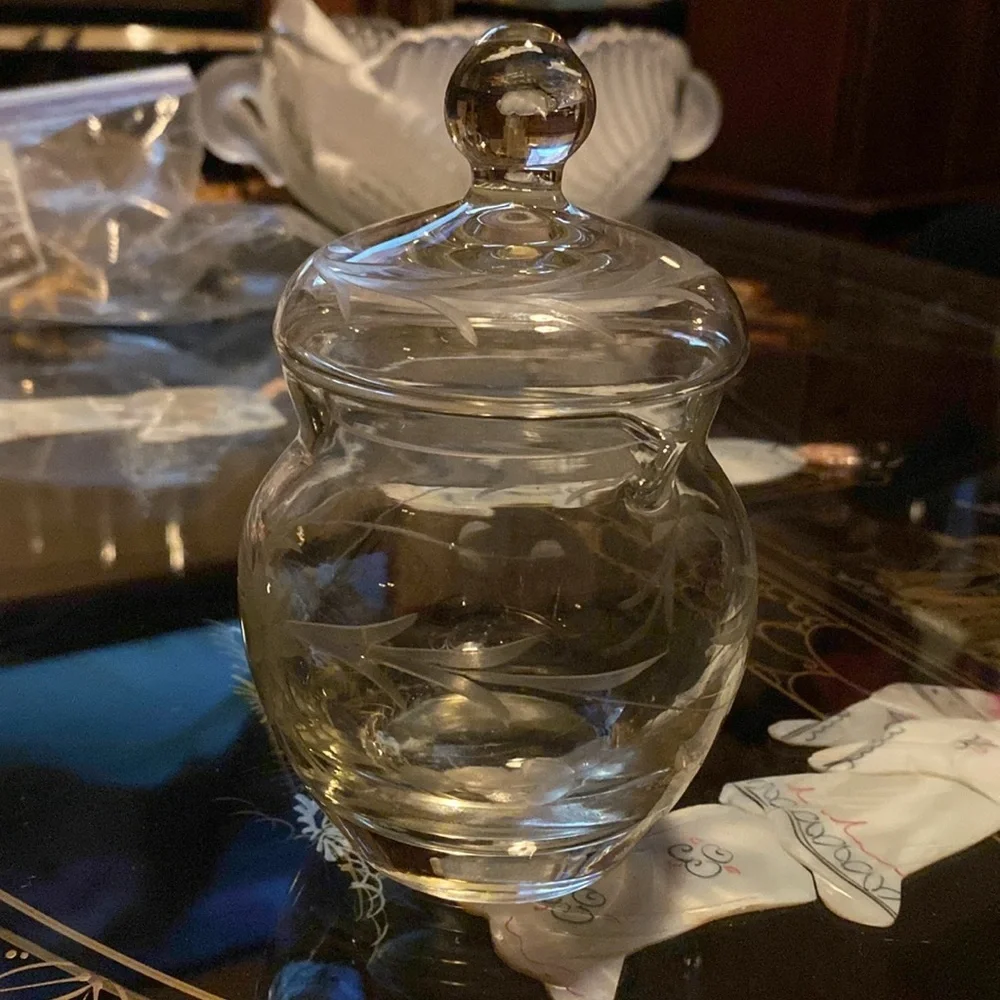 Beautiful Clear Glass Lidded creamer Jar with Frosted Floral Etching/Vintage
